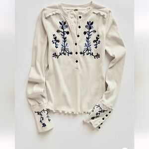 Free People Cream Blouse with Blue Floral Embroidery